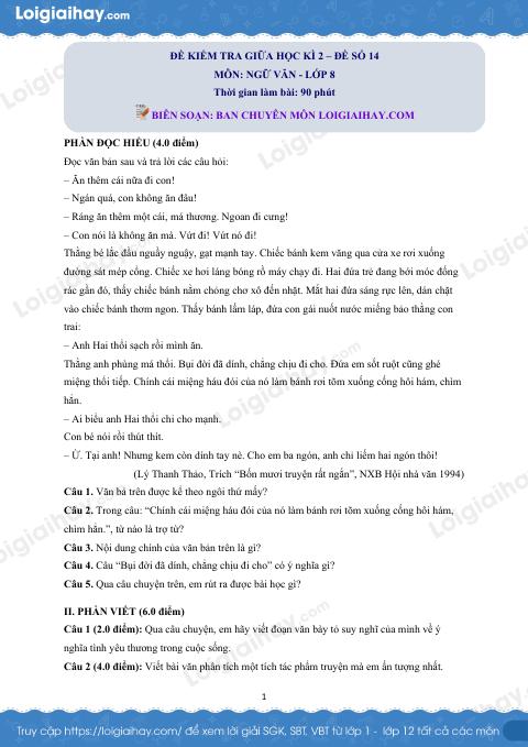 Đề thi giữa kì 2 Văn 8 - Đề số 14